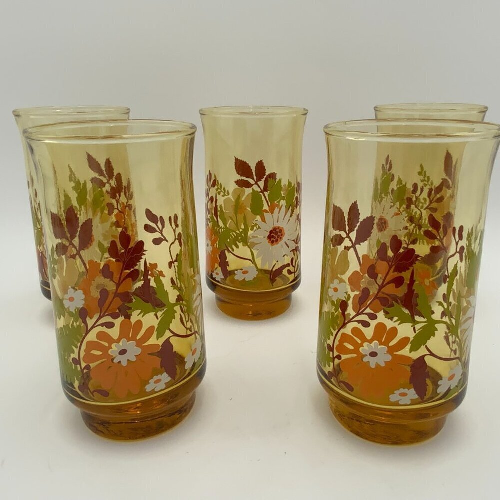 Set of 5 Vintage Libbey Daisy Amber Floral 10oz Glasses 5¼" Tall 1970's